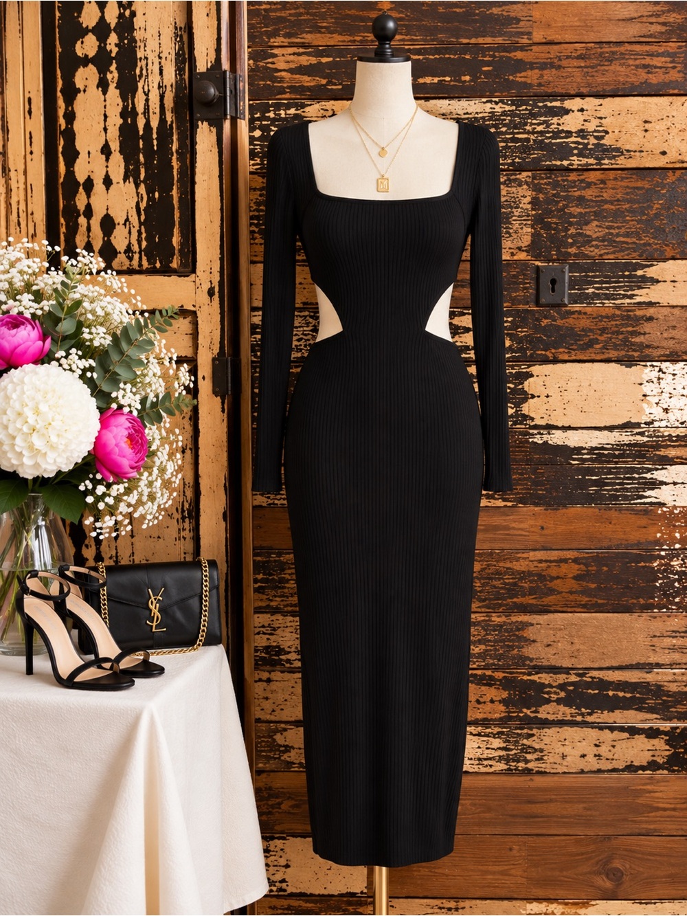 AFRM Black Ribbed Midi Dress | Side Cutout Bodycon | Size M NWOT
